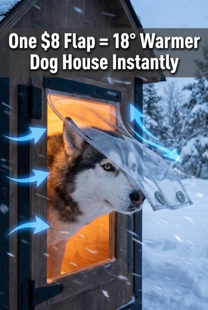 A Husky entering a dog house through a heavy-duty clear vinyl door flap that's weighted at the bottom corners. The door is po