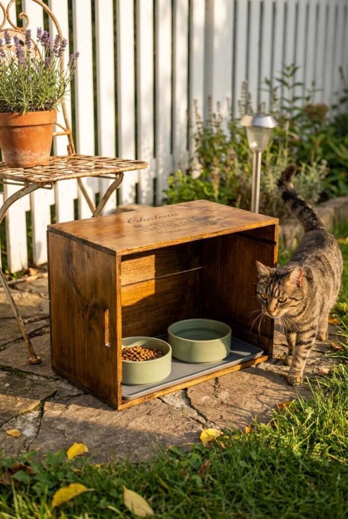 A weathered wooden wine crate with "Chateau" branding faintly visible, flipped upside down with one slatted side removed to c