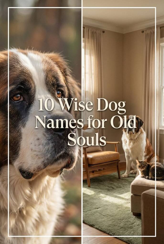A distinguished older-looking dog breed like a Bernese Mountain Dog or Saint Bernard with gentle, knowing eyes, sitting calml
