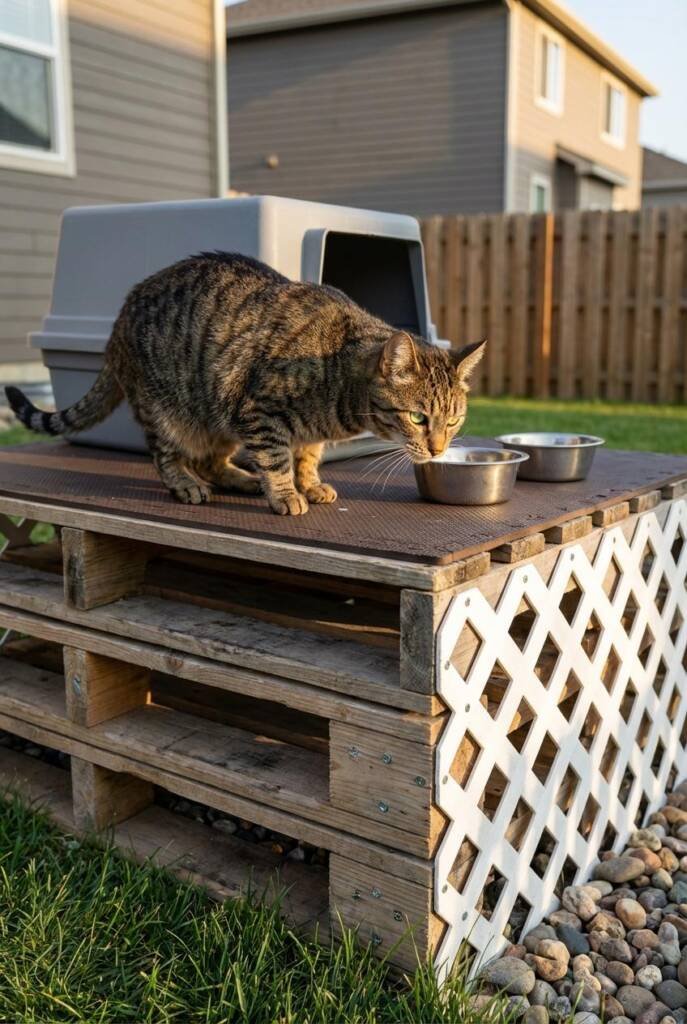 Three stacked wooden pallets in natural weathered wood tones creating a 16-inch high platform in a suburban backyard. The top