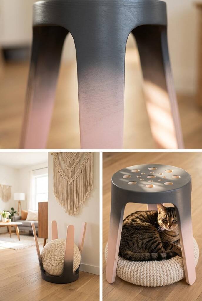 Simple three-legged wooden stool flipped upside-down with legs pointing upward, painted in an ombre gradient from charcoal gr