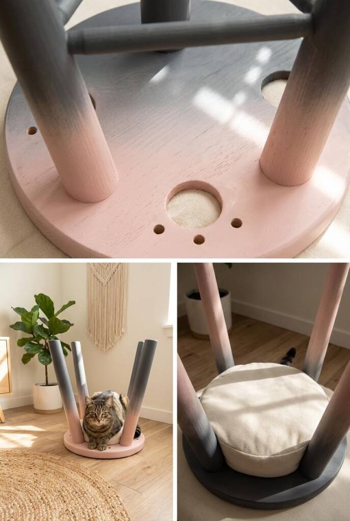 Simple three-legged wooden stool flipped upside-down with legs pointing upward, painted in an ombre gradient from charcoal gr