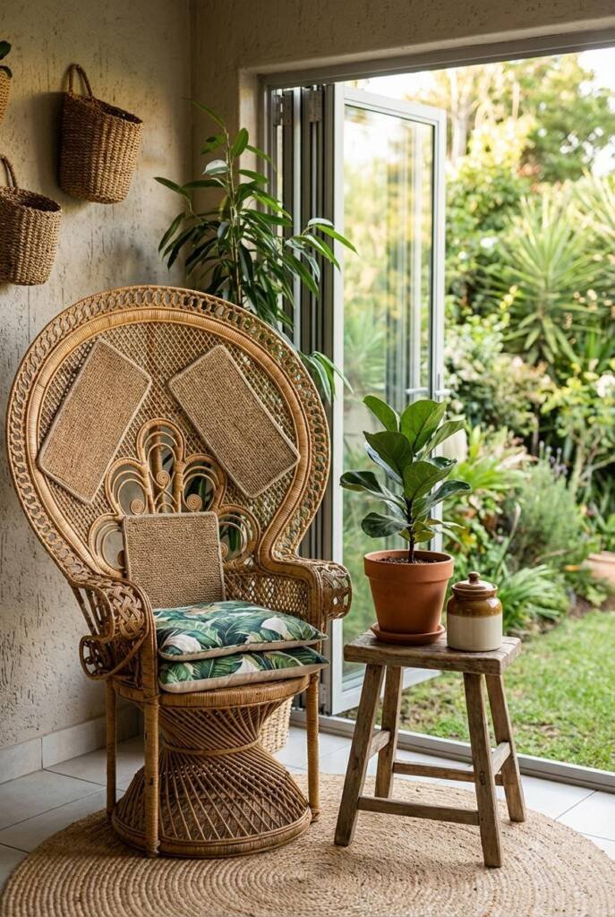 Corner vignette featuring an oversized rattan peacock chair fitted with textured scratching panels, layered tropical-print cu