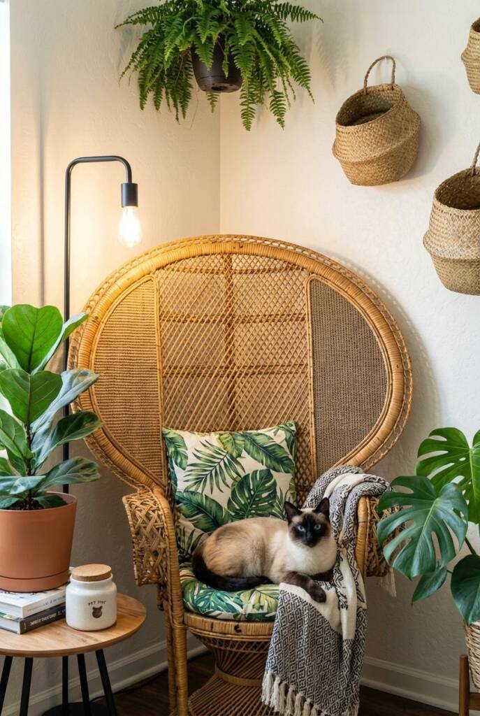 Corner vignette featuring an oversized rattan peacock chair fitted with textured scratching panels, layered tropical-print cu