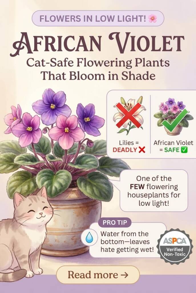 African violet with purple velvet blooms and fuzzy leaves - cat safe flowering houseplant for low light rooms, safe alternative to toxic lilies, ASPCA non-toxic
