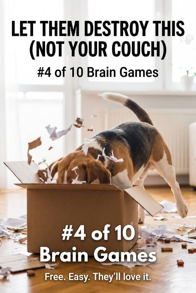 Beagle enjoying cardboard box treasure hunt game with treats as free DIY dog enrichment idea at home