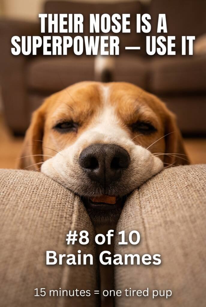 Beagle sniffing couch cushion for hidden treats doing scent work at home and nose work games for dogs