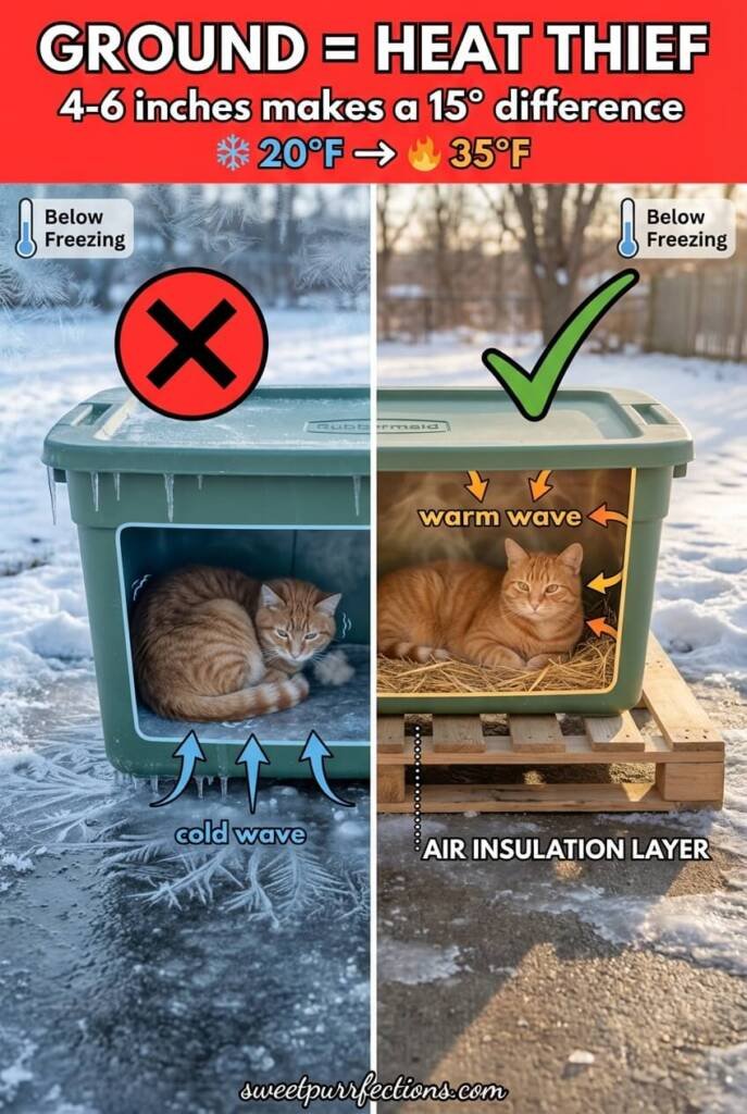 Before and after comparison of cat shelter on frozen ground versus elevated shelter showing heat retention and air gap insulation