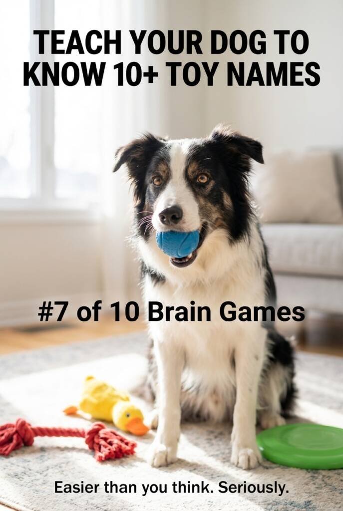 Border collie holding toy surrounded by toys learning names as mental exercise for dogs and dog training game