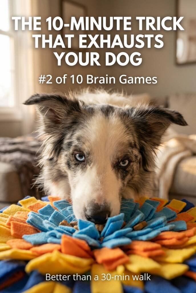 Border collie using snuffle mat for dogs searching for hidden treats and dog enrichment for mental stimulation