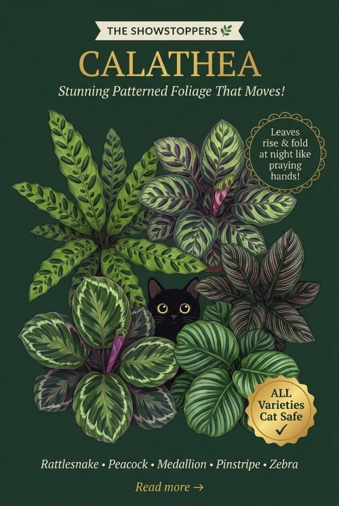 Calathea varieties collection showing Rattlesnake Peacock Medallion Pinstripe and Zebra plants with patterned leaves - cat safe prayer plants for low light, all varieties ASPCA non-toxic