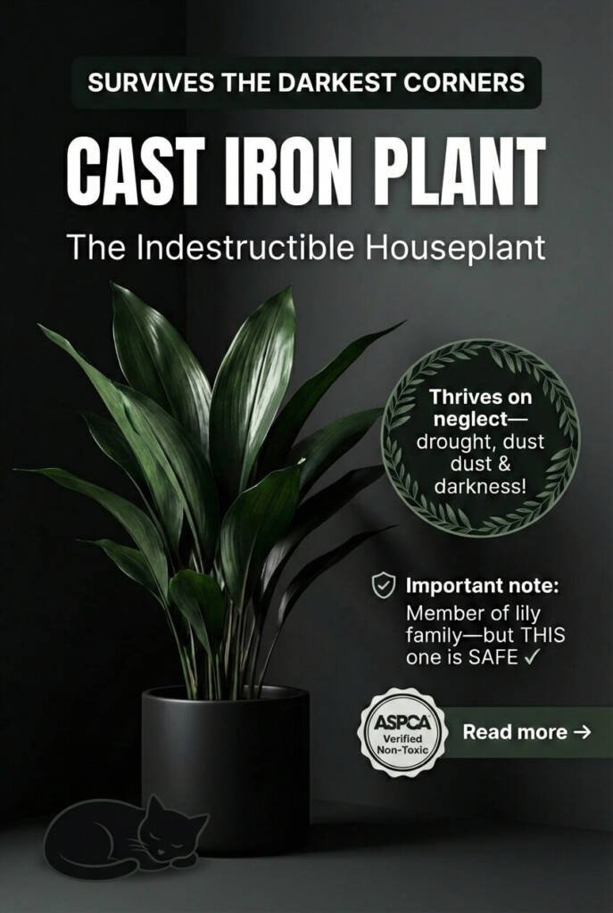 Cast iron plant with dark green lance-shaped leaves in black pot in dark corner - indestructible low light houseplant safe for cats, ASPCA verified non-toxic