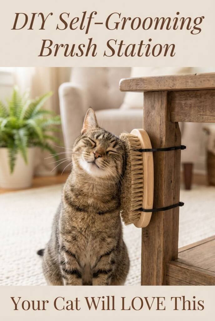 Cat rubbing face against DIY self-grooming brush mounted on table leg — easy cat grooming hack for busy pet parents