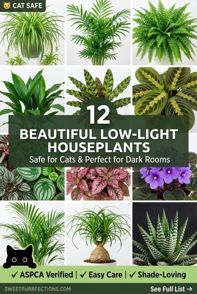 Collage grid of 12 beautiful low light houseplants safe for cats