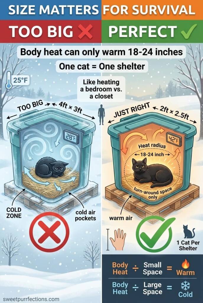 Cross section comparison of oversized cold cat shelter versus properly sized single cat shelter showing heat retention differences