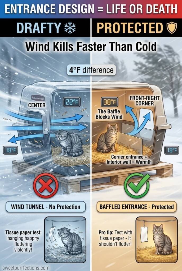 Cross section showing straight through shelter entrance with wind tunnel versus baffled corner entrance blocking cold air flow