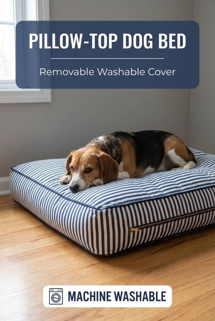 Custom sewn dog bed with removable washable cover and zipper, DIY pillow-top pet bed sewing project