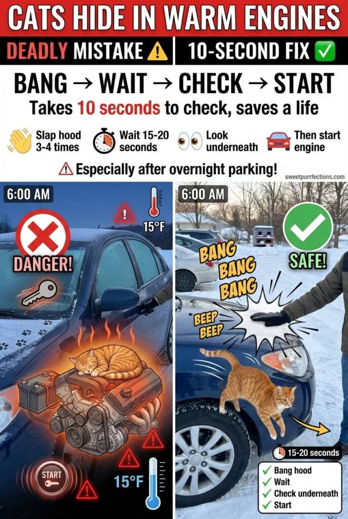 Cutaway car illustration showing cat hiding in engine compartment versus safe exit after hood banging warning routine demonstration