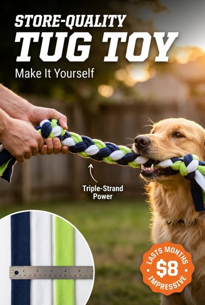 DIY braided fleece tug toy for dogs - homemade rope tug toy tutorial, how to make durable dog toys, braided fleece dog toy pattern