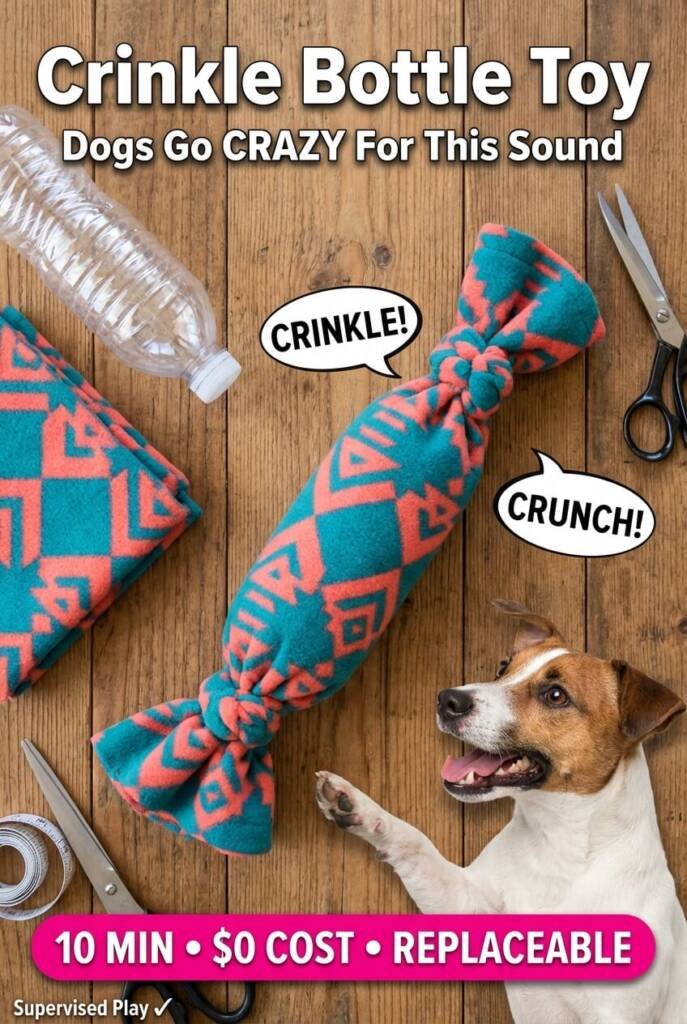 DIY crinkle bottle dog toy wrapped in fleece - homemade sensory dog toys, upcycled water bottle dog toy tutorial