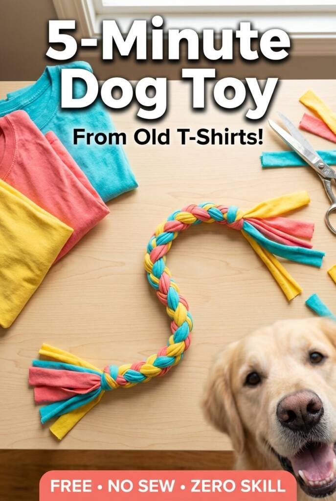 DIY dog toy made from old t-shirts - easy no-sew braided rope toy for dogs tutorial, homemade dog toys, budget-friendly pet crafts, upcycled fabric dog toy ideas, 5-minute dog toy project
