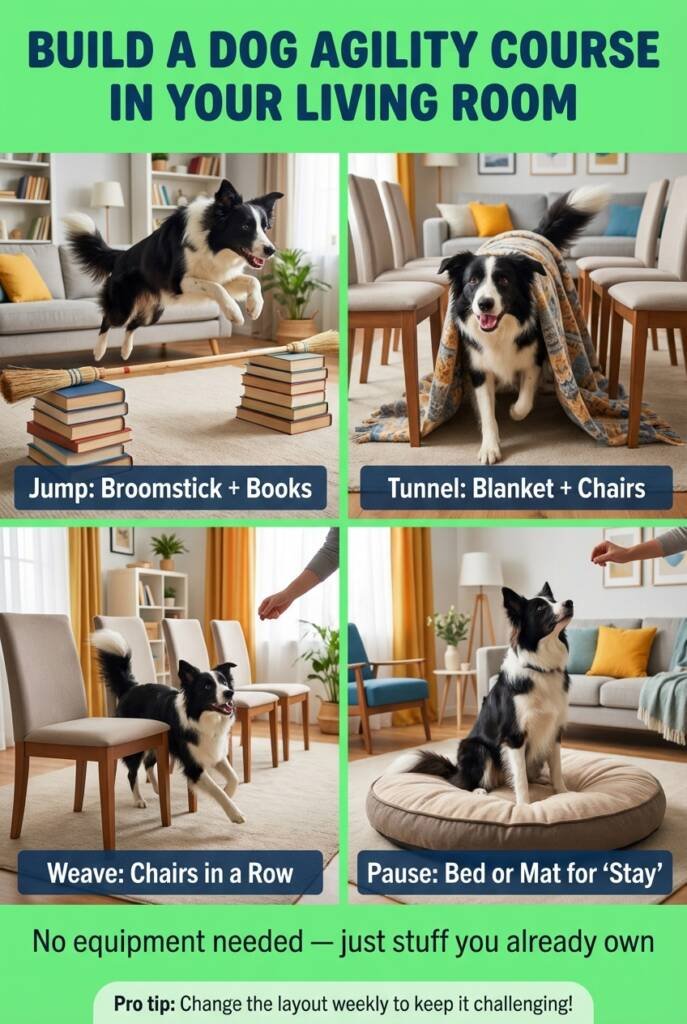 DIY indoor dog obstacle course using household items — jumps, tunnels, weave poles, and pause station