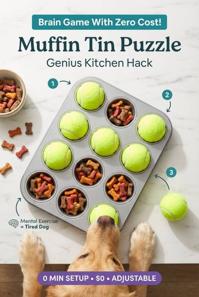 DIY muffin tin puzzle dog toy - homemade dog puzzle feeder ideas, brain games for dogs, free dog enrichment toys