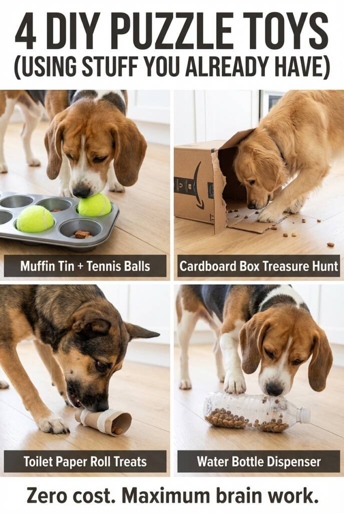 DIY puzzle toys for dogs using muffin tin, cardboard box, toilet paper rolls, and water bottle — free brain games for dogs