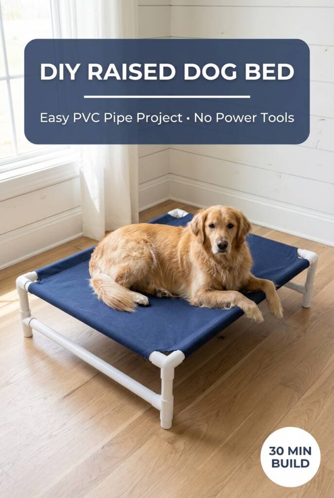 DIY raised dog bed made with white PVC pipes and navy canvas fabric, elevated design for large dogs with joint support
