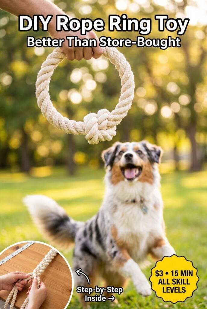 DIY rope ring dog toy tutorial - homemade circular rope toy for fetch and tug, easy rope dog toys to make at home, budget dog toy ideas, braided rope ring for dogs