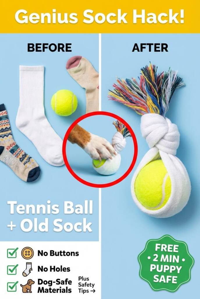 DIY sock ball dog toy - easy tennis ball sock toy for dogs, upcycled sock dog toy ideas, homemade puppy toys from household items
