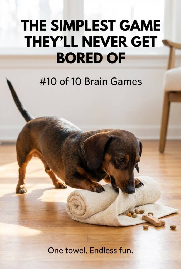 Dachshund unrolling towel puzzle to find treats as easy enrichment game for dogs that beats boredom