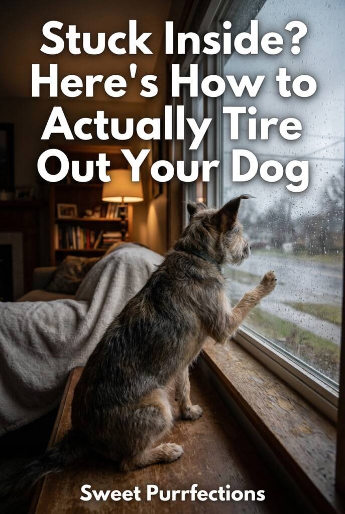 Dog staring out rainy window—indoor activities to tire out your dog when stuck inside