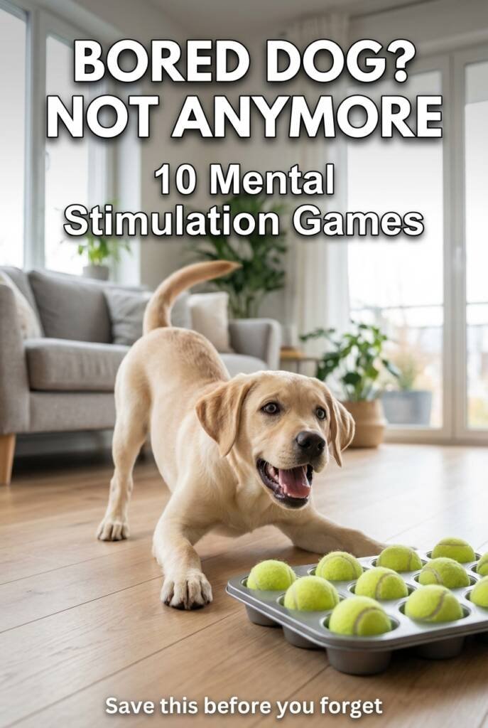 Excited labrador puppy in play bow ready for mental stimulation games for dogs with muffin tin puzzle