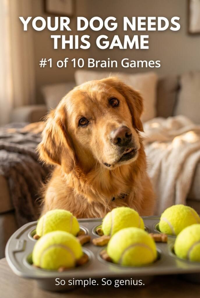 Golden retriever playing muffin tin puzzle game for dogs with tennis balls covering treats and DIY mental stimulation