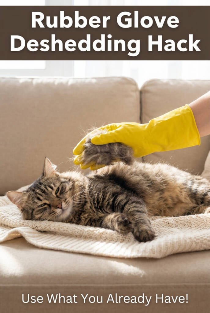 Hand wearing yellow rubber glove petting cat with fur collecting — cheap deshedding hack using kitchen gloves