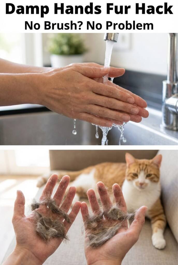 Person using wet hands to collect loose fur from cat — free deshedding trick for cat owners