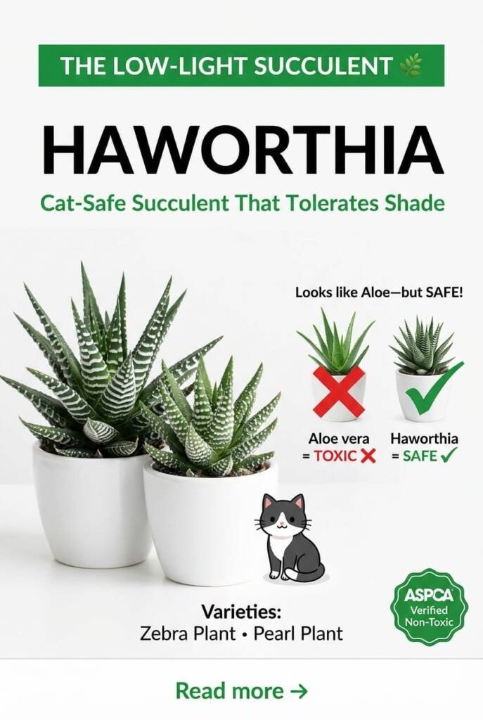 Haworthia zebra plant succulent with white striped rosette leaves compared to toxic Aloe vera - cat safe succulent for low light, ASPCA verified non-toxic alternative to Aloe