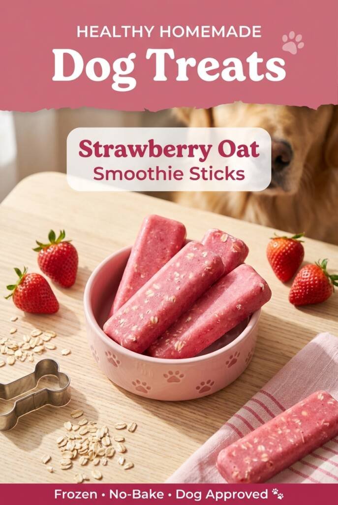 Healthy homemade dog treats in pink bowl - strawberry oat smoothie sticks frozen treats on wooden table with fresh strawberries and oats