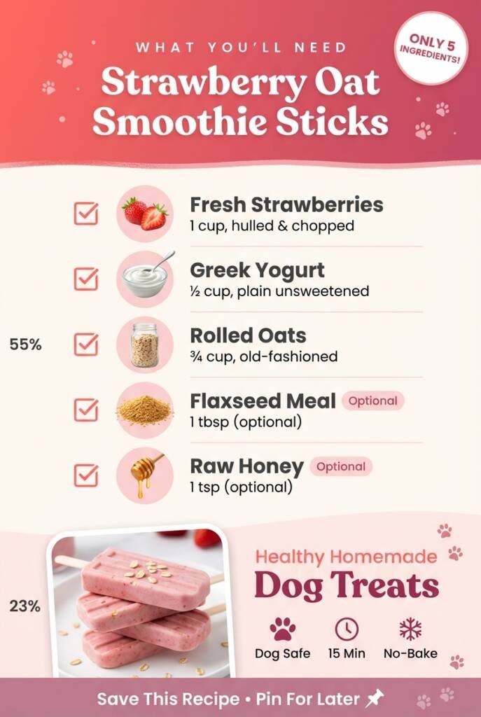 Healthy homemade dog treats recipe card showing ingredients for strawberry oat smoothie sticks - frozen no-bake dog treats with strawberries, Greek yogurt, oats, flaxseed and honey