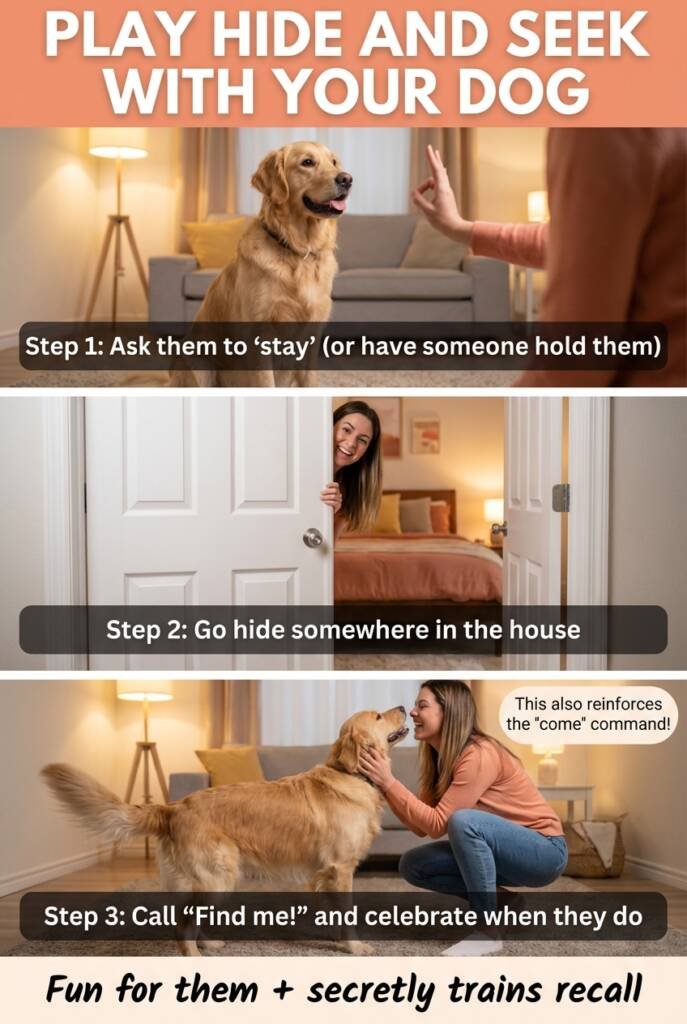 How to play hide and seek with your dog — fun indoor dog game that also trains recall