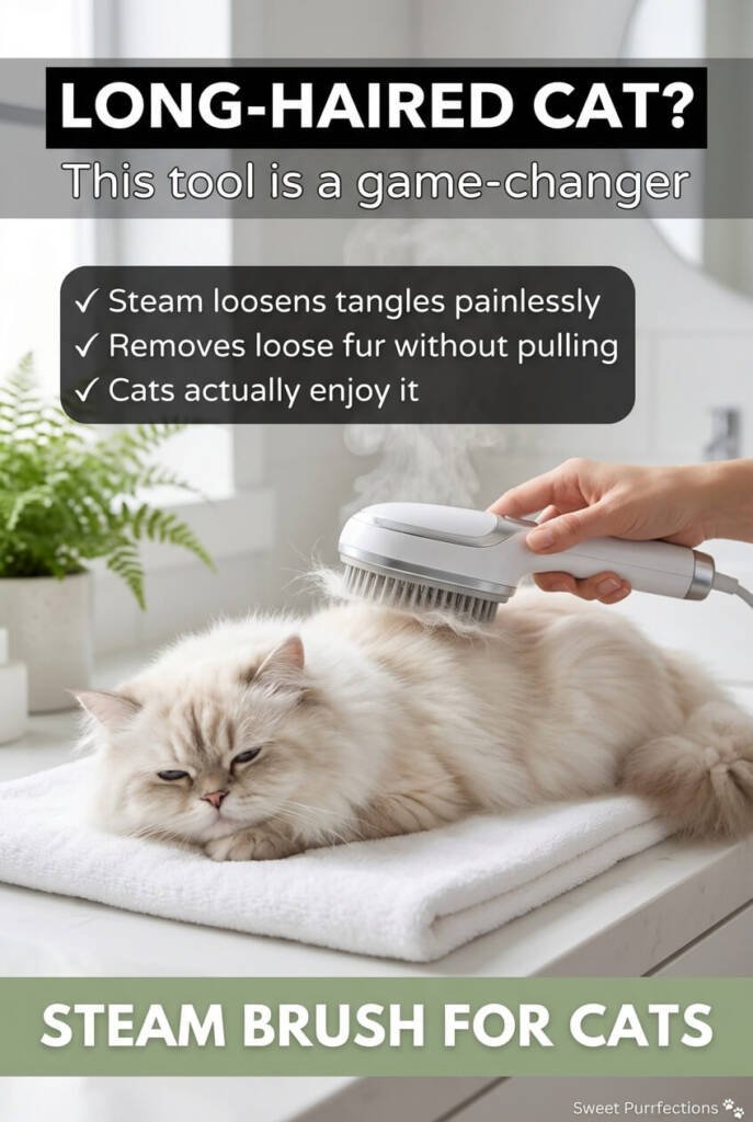 Long-haired cat being brushed with steam brush releasing gentle mist — detangling tool for fluffy cats