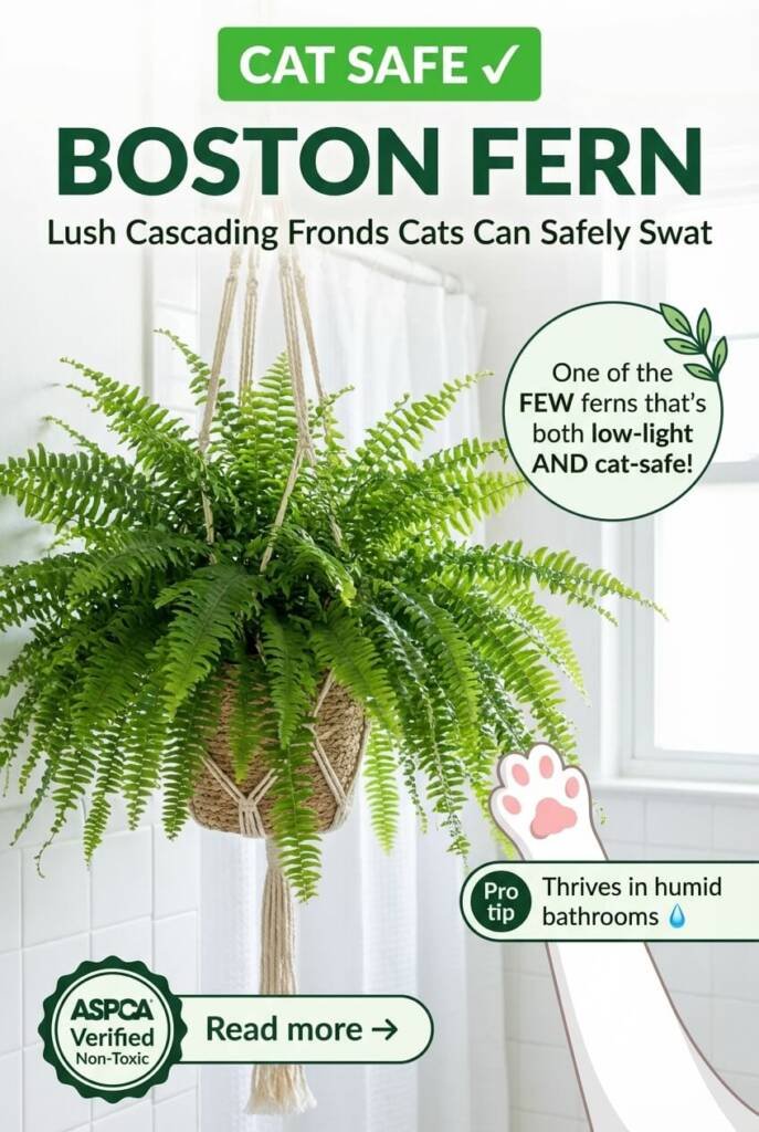 Lush Boston fern with cascading fronds in macramé hanging planter in humid bathroom - cat safe fern for low light spaces, ASPCA verified non-toxic plant