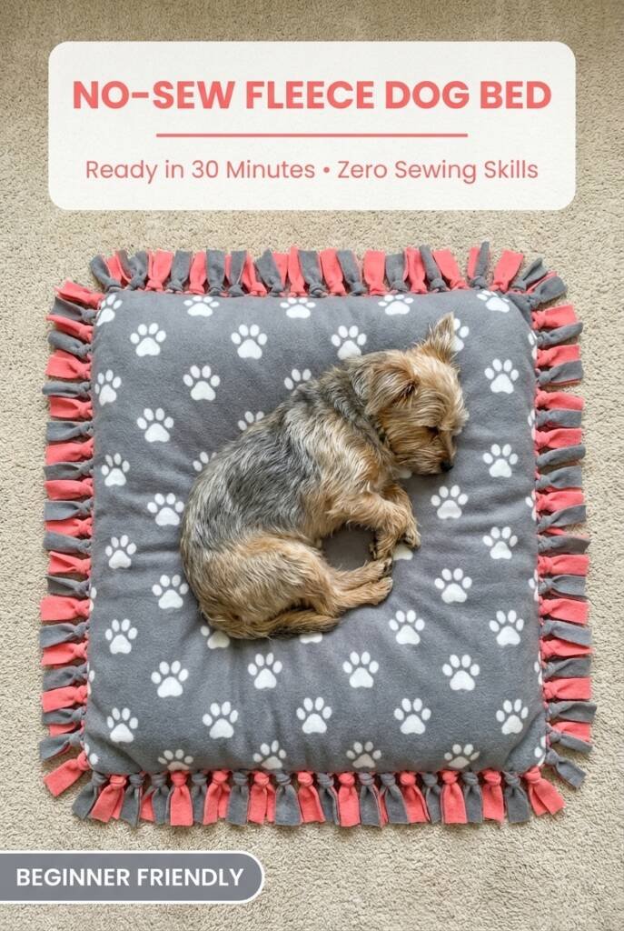 No-sew fleece dog bed with tied edges in gray and coral colors, beginner-friendly DIY pet bed tutorial