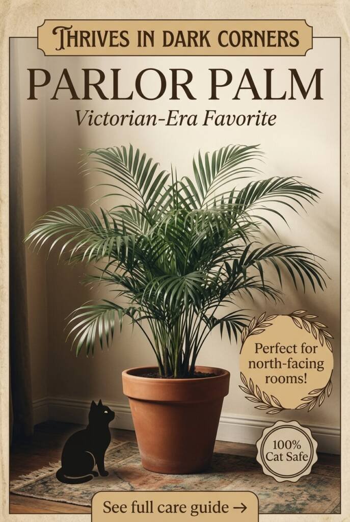 Parlor palm with feathery green fronds in terracotta pot in dimly lit corner - best low light indoor palm safe for cats, ASPCA verified non-toxic houseplant