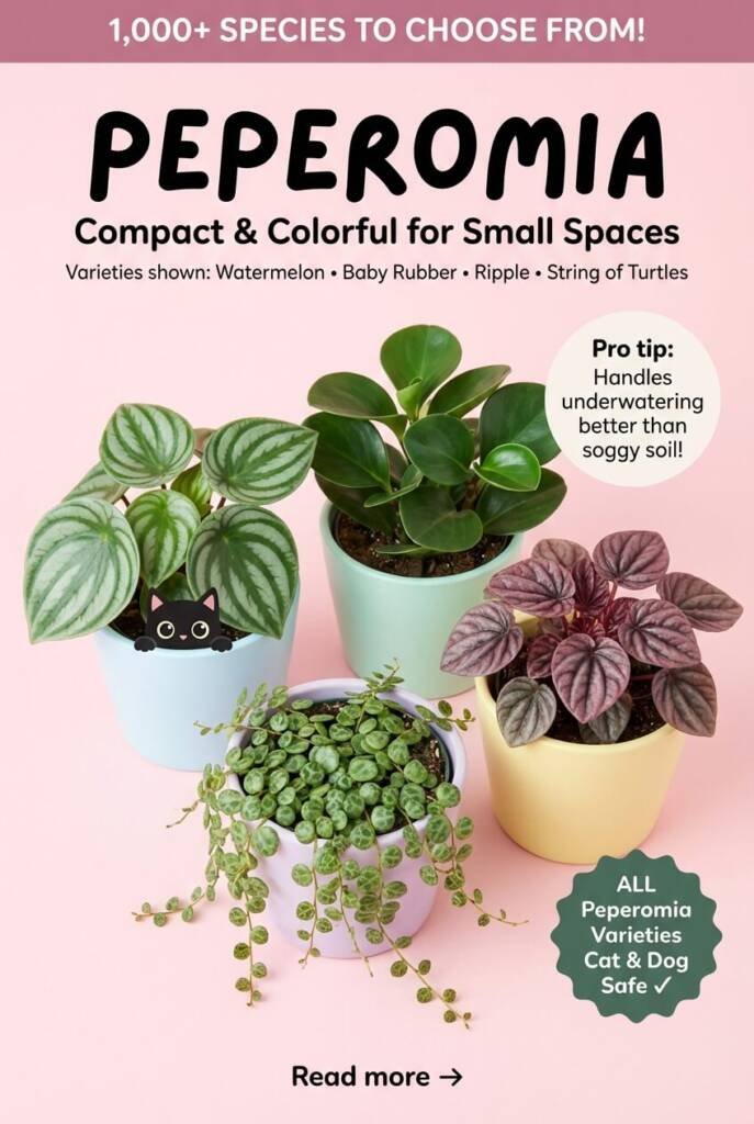 Peperomia collection showing Watermelon Baby Rubber Plant Ripple and String of Turtles varieties - compact cat safe houseplants for low light small spaces, ASPCA non-toxic