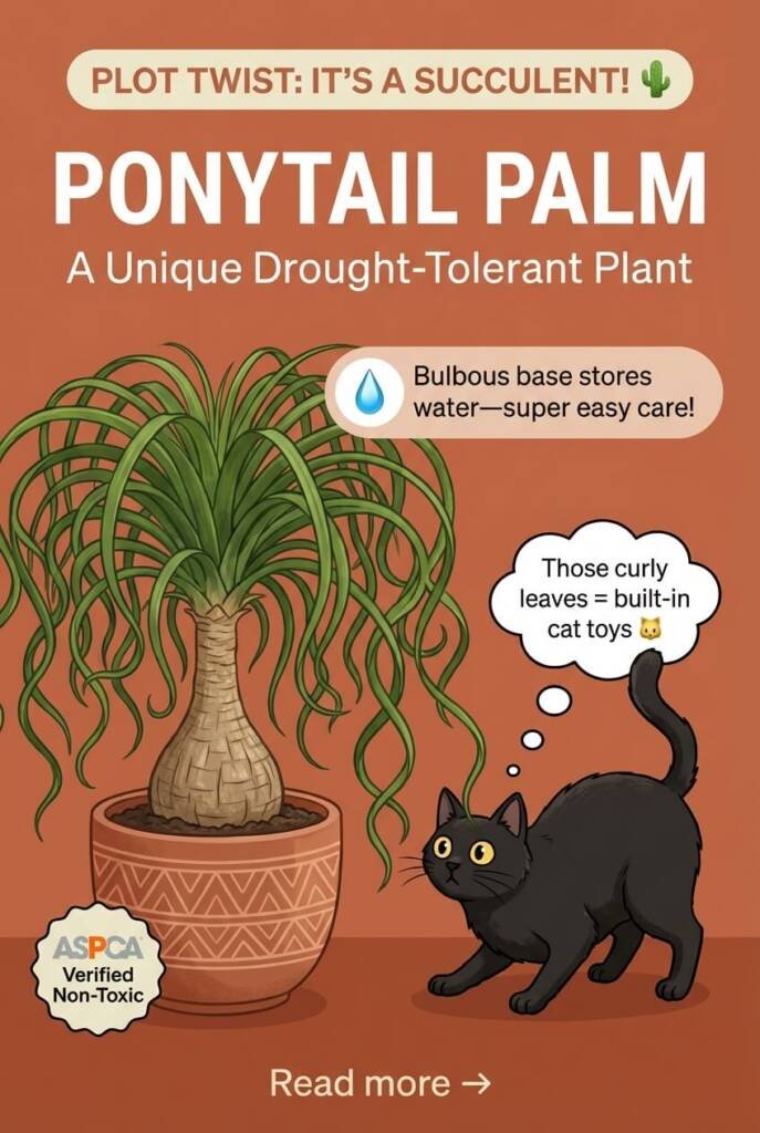 Ponytail palm with bulbous trunk base and curly cascading leaves - drought tolerant succulent safe for cats in low light, ASPCA verified non-toxic houseplant