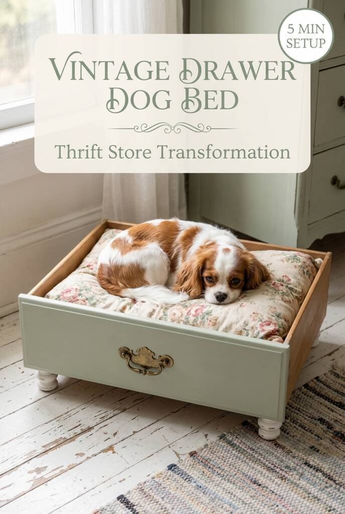 Repurposed dresser drawer converted into small dog bed with cushion, vintage upcycled pet furniture DIY