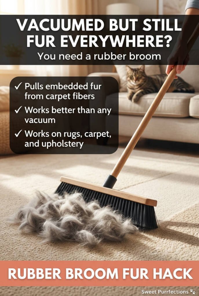 Rubber broom sweeping up massive pile of cat fur from carpet — best pet hair removal tool for floors