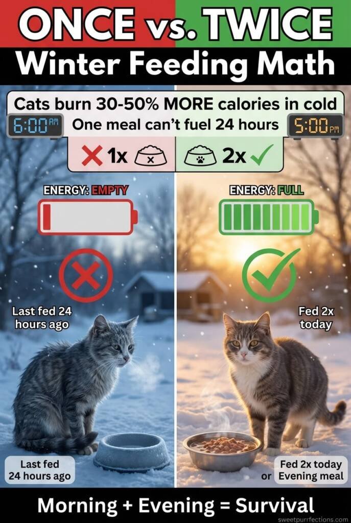 Side by side showing cold hungry cat at dawn versus warm fed cat at dusk with winter feeding schedule